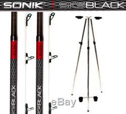 2x Sonik SkS Black Shore Surf Rods 12ft Beachcaster & Tri-pod Fixed Spool 4-6oz
