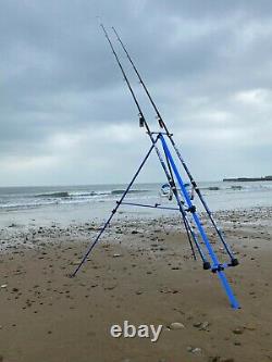 Deluxe Sea Fishing Set 2 14ft Beachcaster Rods + 2 Sk7000 Sea Reels Blue Tripod
